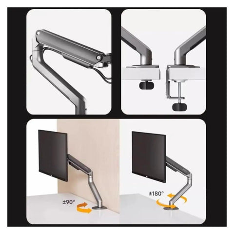 Fully Adjustable Single Monitor Mount For Desk Featuring Mechanical Spring Arm With Super Smooth Tilt and Rock Solid Bracket Design Supporting 17 To 32 Inch Screens Up To Twenty Pounds Easy Install showing adjustable angles.