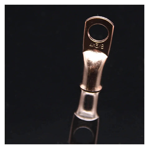 Solid 30 Piece Copper Battery Wire Lug Kit With 4 AWG To 8 Gauge Range For Heavy Duty Crimp Terminals And Ring Connectors That Fit Perfectly Under The Hood For Any Rig Or Ride.. 3/8 copper ring lug close-up