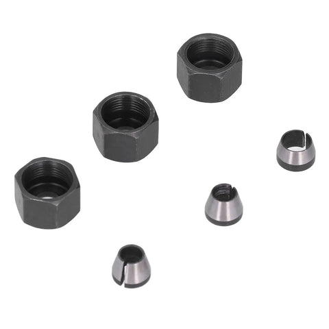 Router Collet Replacement Kit Carbon Steel 6mm 6.35mm 8mm With Nut, showing adapters and nuts for trimmer engraving machine.