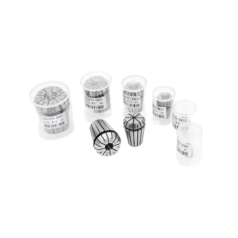 Ultra Precision ER AA High Performance Spring Collet Chuck For CNC Milling Routers Lathes, various sizes in clear containers.