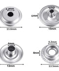 Close-up of various stainless steel snap fasteners with measurements from 200 Piece Stainless Steel Snap Fastener Kit 15mm Heavy Duty.