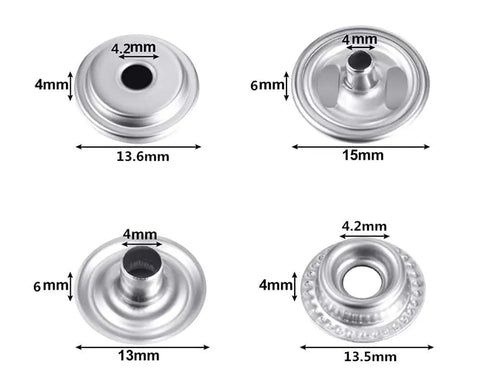 Close-up of various stainless steel snap fasteners with measurements from 200 Piece Stainless Steel Snap Fastener Kit 15mm Heavy Duty.