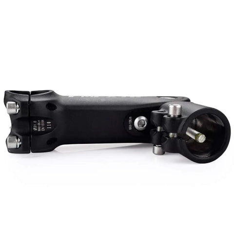 31.8Mm Adjustable Bike Stem 0 To 90 Degree, 110Mm Length, fits 1.25 inch handlebars, shown in side view, CNC machined aluminum