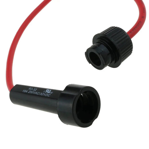 Dead Simple Heavy Duty 6 Circuit Inline Fuse Holder Box With Rock Solid Bakelite Block And Five Pack 6X30MM 1A Glass Fuse Set For Car Truck And Marine Wiring Mods close-up of red wire and fuse holder connection.