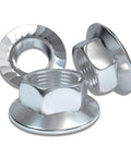 Heavy Duty M12 X 1.5 Hex Flange Nuts Crafted From Top Shelf 304 Stainless Steel For Hella Rust Resistance And Badass Grip Strength Perfect For Trucks And Hot Rods With Ten Pieces Featuring Serrated And Flat Bases shown from different angles.