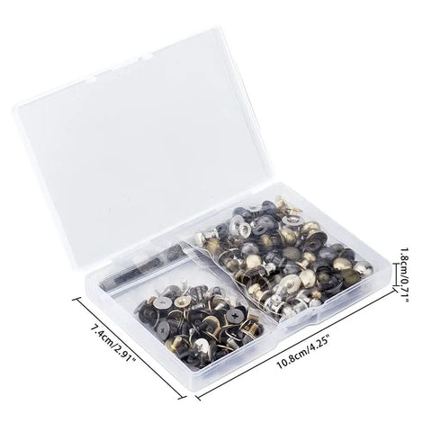 Pro-Level Gear 64 Set Metal Button Studs With Screwback Design In 4 Sick Colors Including Antique Bronze Gunmetal Platinum And Gold For Serious Diy Projects Jewelry Making Leather Work Heavy Duty Steel Hardware That Hits Different in a clear storage box.
