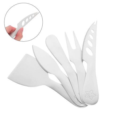 Travel Friendly 5 Piece Cheese Knife Set With Butter Spreader Stainless Steel Utensils in compact arrangement, close-up view.