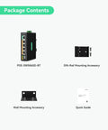 Package contents of Beefy Five Port Gigabit PoE Switch With DC12V Input, Four BT90W PoE Plus Ports, DIN-Rail and wall mount accessories, guide
