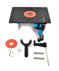 Smooth As A Dream Universal Base Mount Router Lift Featuring Hella Precise Above Table Bit Height Adjustment and Rock Solid Friction Lock parts with black and blue materials.