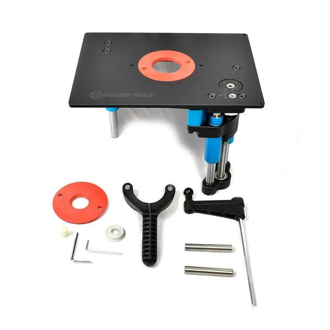 Smooth As A Dream Universal Base Mount Router Lift Featuring Hella Precise Above Table Bit Height Adjustment and Rock Solid Friction Lock parts with black and blue materials.