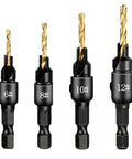 Four Piece Diy Woodworking Countersink Drill Bit Set With One Quarter Inch Hex Shank And L Wrench For Depth Stop Control Includes Six Eight Ten And Twelve Size Bits For Drilling And Finishing