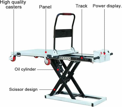 Heavy Duty Electric Hydraulic Scissor Lift Table With 660 Pound Capacity And 48V Battery crafted from solid carbon steel, showing features like casters and scissor design.