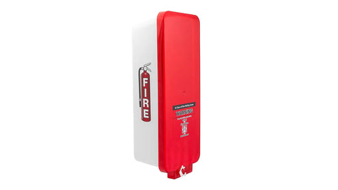 Heavy Duty White Outdoor Fire Extinguisher Cabinet With Red Pull Cover For Standard 10 Pound Units Built Tough Exterior Lock Box Surface Mounted Rock Solid Safety Storage Container