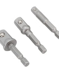 Versatile 3-Piece Power Drill Adapter Socket Set Featuring 1/4, 3/8 And 1/2 Inch Hex Shank To Drive Converters For Impact Drivers Electric Drills And Screwdrivers Tough Stainless Steel Build For Serious DIY And Pro Work This Essential Tool Accessory Kit, three silver adapters