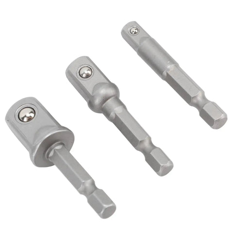 Versatile 3-Piece Power Drill Adapter Socket Set Featuring 1/4, 3/8 And 1/2 Inch Hex Shank To Drive Converters For Impact Drivers Electric Drills And Screwdrivers Tough Stainless Steel Build For Serious DIY And Pro Work This Essential Tool Accessory Kit, three silver adapters