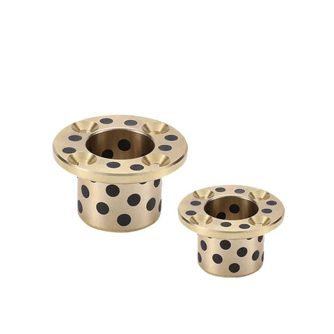 Heavy Duty Brass Graphite Oilless Bushing Self Lubricating Linear Thrust Flanged Sleeve showing two sizes with black dots.
