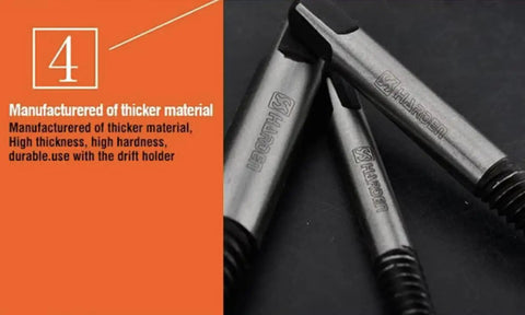 Three piece Heavy Duty Bolt And Screw Extractor Set Five Piece CrMo Steel For Damaged Screws Removal with text description.