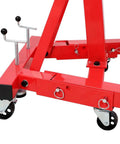 Close-up of Heavy Duty Folding Engine Stand With Geared 360 Degree Rotating Head And Adjustable Mounting Arms wheels and supports.