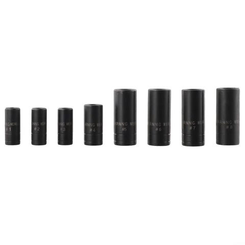 Ultimate 8-Piece Tap Socket Set For Auto Repair. Ultra-Durable Carbon Steel Threads Tool Kit. black sockets #1-#8 on white background