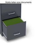 Open drawer of Three Drawer Vertical File Cabinet for Office Lockable and Mobile Holds Letter Size Documents Charcoal Steel Organizer