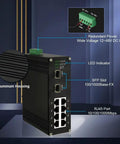 Industrial 8 Port Gigabit Ethernet Switch With DIN Rail Or Wall Mount Unmanaged 10 100 1000 Mbps RJ45 Ports Built To Last Tough As Nails Rugged Industrial Grade Wide Temperature Range 2 SFP Fiber Ports shown with labeled features.