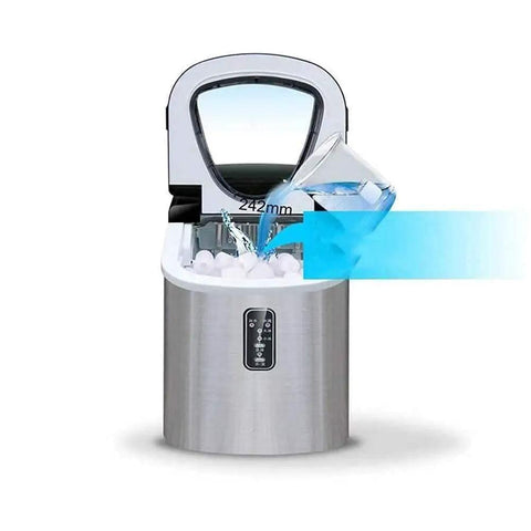 Countertop Ice Cube Maker 12kg Daily Yield fast chill unit with clear window, pouring water into stainless steel ice maker.