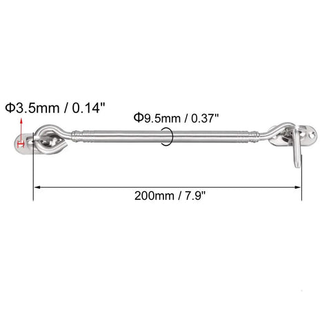 Heavy Duty Stainless Steel Gate Hook Latch and Door Window Snap Lock, 200mm length, 9.5mm shaft, ideal for securing structures.
