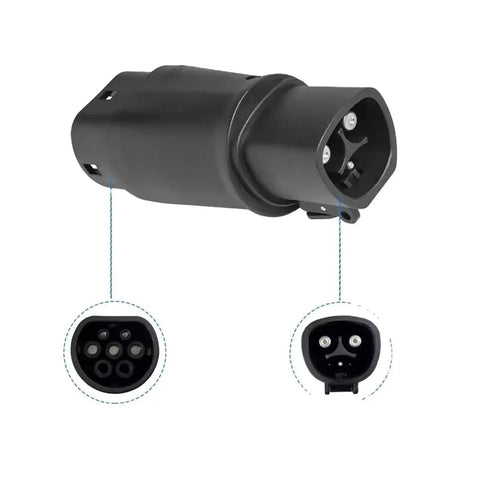 Portable DC Fast Charging Adapter For Electric Cars Type 1 To Type 2 J1772 Plug showing male and female connectors, compact design.