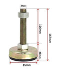 Set Of Ten Heavy Duty Furniture Leveling Feet With Titanium Coated Stainless Steel Rods And M20 Threads To Quickly Square Up Wobbly Tables Counters Rock Solid Anti Slip Base with dimensions labeled.