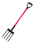 Beefy Heavy Duty Garden Spading Fork With Fiberglass Handle And Poly D Grip For Digging Turning Soil And Compost Aeration Root Crops Durable Steel Tines 44 Inch Made In The USA Yard Tool on white background.