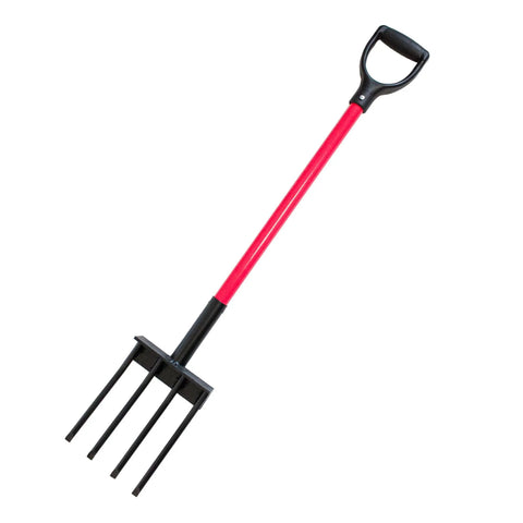 Beefy Heavy Duty Garden Spading Fork With Fiberglass Handle And Poly D Grip For Digging Turning Soil And Compost Aeration Root Crops Durable Steel Tines 44 Inch Made In The USA Yard Tool on white background.