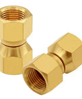 Two Pack Brass 3/8 Inch Flare Female Swivel Unions, Durable Solid Brass Construction, Corrosion Resistant, High Temperature Tolerance, 3/8 Inch Flare Female to 3/8 Inch Flare Female Connectors shown in two angles