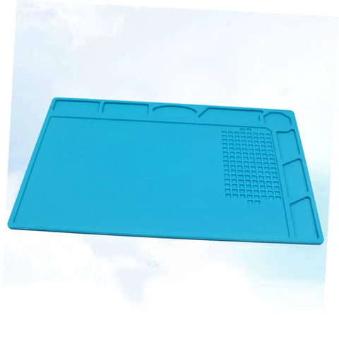 Top Notch Silicone Repair Mat With Heat Resistant Non Slip Surface And Precision Pin Layout For Soldering Stations Laminating Machines And No Sweat Tech Fixes, blue color, flat layout.