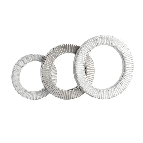 Three Rock Solid Wedge Lock Washers M20 Size 304 Stainless Steel shown with interlocking teeth for anti loosening.