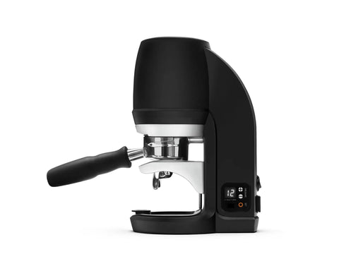 Automatic Espresso Tamper Tool For 58 Mm Commercial Portafilters And Pro Barista Gear Smooth Operator Puck Press For La Marzocco VST And Synesso Systems, black, side view, compact design.