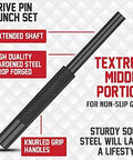 Four Piece Roll Pin Punch Set With Free Pivot Pin for auto repair, shown with hardened steel and knurled grip handle.
