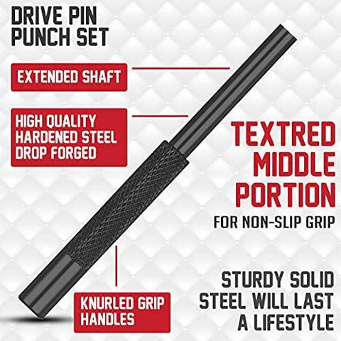 Four Piece Roll Pin Punch Set With Free Pivot Pin for auto repair, shown with hardened steel and knurled grip handle.