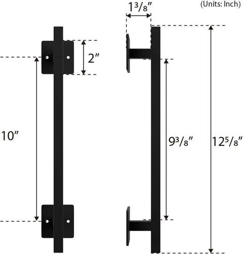 Antique Rustic Twelve And Five Eighths Inch Barn Door Handle with frosted black finish, side and front view dimensions illustration.
