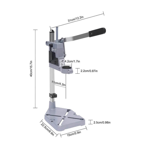 Beefy Sturdy Drill Press Adapter Stand For Floor Or Table Use Universal Bench Clamp, aluminum base with large footprint dimensions