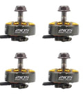 Four Heavy Duty 2105 Brushless RC Motors 1850KV 2950KV 3600KV for 3-6S LiPo Race, gold finish, displayed in grid.