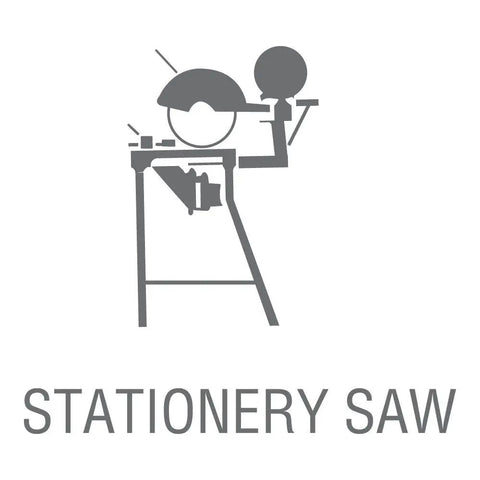 Illustration of a stationary saw for Heavy Duty Stationary Saw Cut Off Wheels For Ferrous Metals 16 Inch Diameter Five Thirty Second Inch Thick One Inch Arbor 3800 RPM Aluminum Oxide Double Reinforced Ten Pack