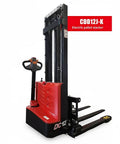 Built Tough Electric Pallet Stacker Packing 2600 Lbs Capacity with a red and black design, adjustable forks, and 118 inch lift height.