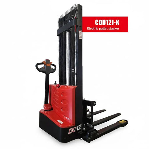 Built Tough Electric Pallet Stacker Packing 2600 Lbs Capacity with a red and black design, adjustable forks, and 118 inch lift height.