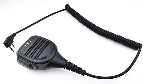 Go-To Handheld Microphone Speaker With PTT For Walkie Talkies TH-47 Mic coiled cable, side view
