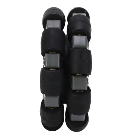 Front view of six black 100mm robot omniwheels with gray hubs