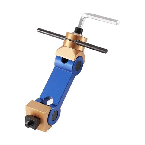 Hella Stable CNC Mills Vise Stop With Quick Slide Adjustments And Kickass Rugged Steel Build For Absolute Zero Drift Workpiece Location On T Slot Machine Tools, blue and gold adjustable arm.