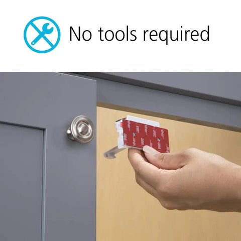 Eight Piece Adhesive Cabinet Latches In White, Easy Peel And Stick Install, No Tools Needed For Most Cabinets, hand applying latch