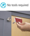 Adhesive Cabinet Latch Set For Child Safety, Peel And Stick Quick Install, No Tools Needed, Disengage When Not In Use shown.