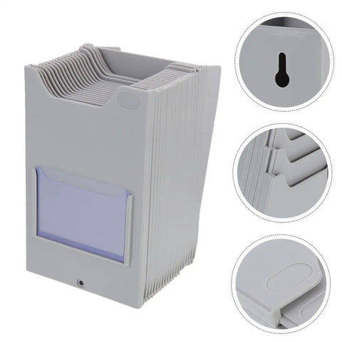 Level Up Your Organization Game With This Rock Solid Wall Mount Card Rack And Attendance Holder And Durable Plastic Storage Bin For Garages Shops And Classrooms That Keeps Everything Neat And Ready To Go - Grey plastic card rack with compartments.