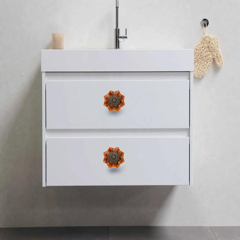 Amber Crystal Knob Set For Cabinets And Drawers By Perilla Home Handmade Vintage Glass Cabinet Hardware shown on bathroom drawers